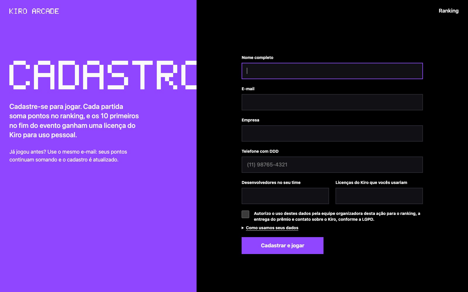 Página de cadastro do Kiro Arcade com nome, e-mail, empresa, telefone, tamanho do time e licenças desejadas