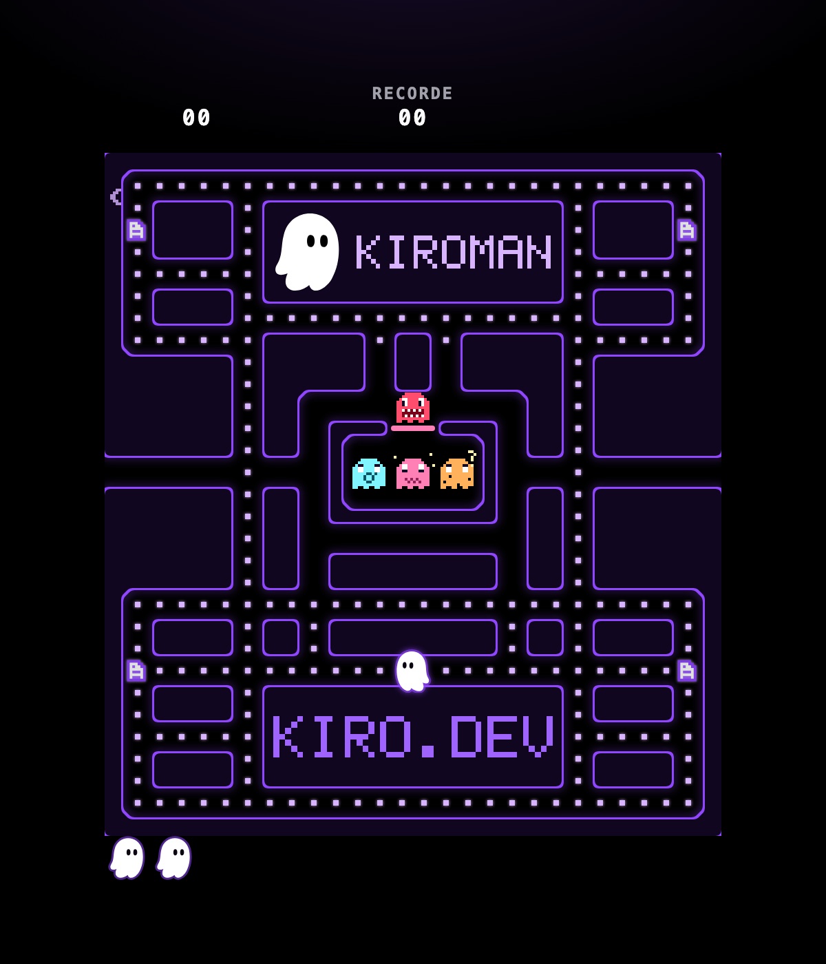 Tela do KIROMAN: o fantasma Kiro no labirinto neon, com os quatro Tokenívoros presos no backlog do centro