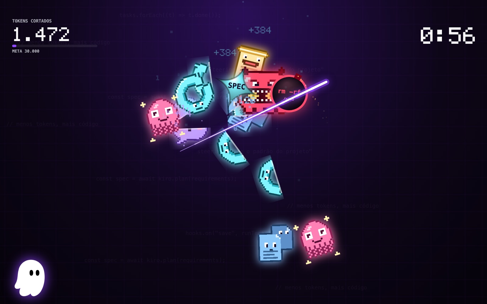 KIROTANA em jogo: a lâmina do Kiro cortando Tokenívoros como a Alucinação e o Token Glutão, perto de uma bomba rm -rf