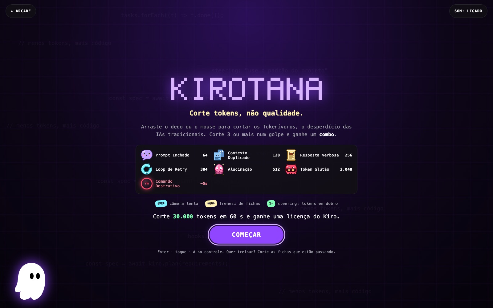 Tela inicial do KIROTANA com os Tokenívoros e quantos tokens vale cada um
