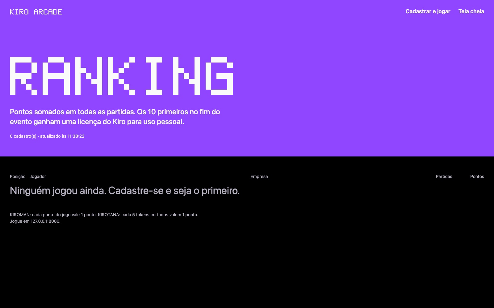 Página de ranking do Kiro Arcade, que mostra posição, jogador, empresa, partidas e pontos